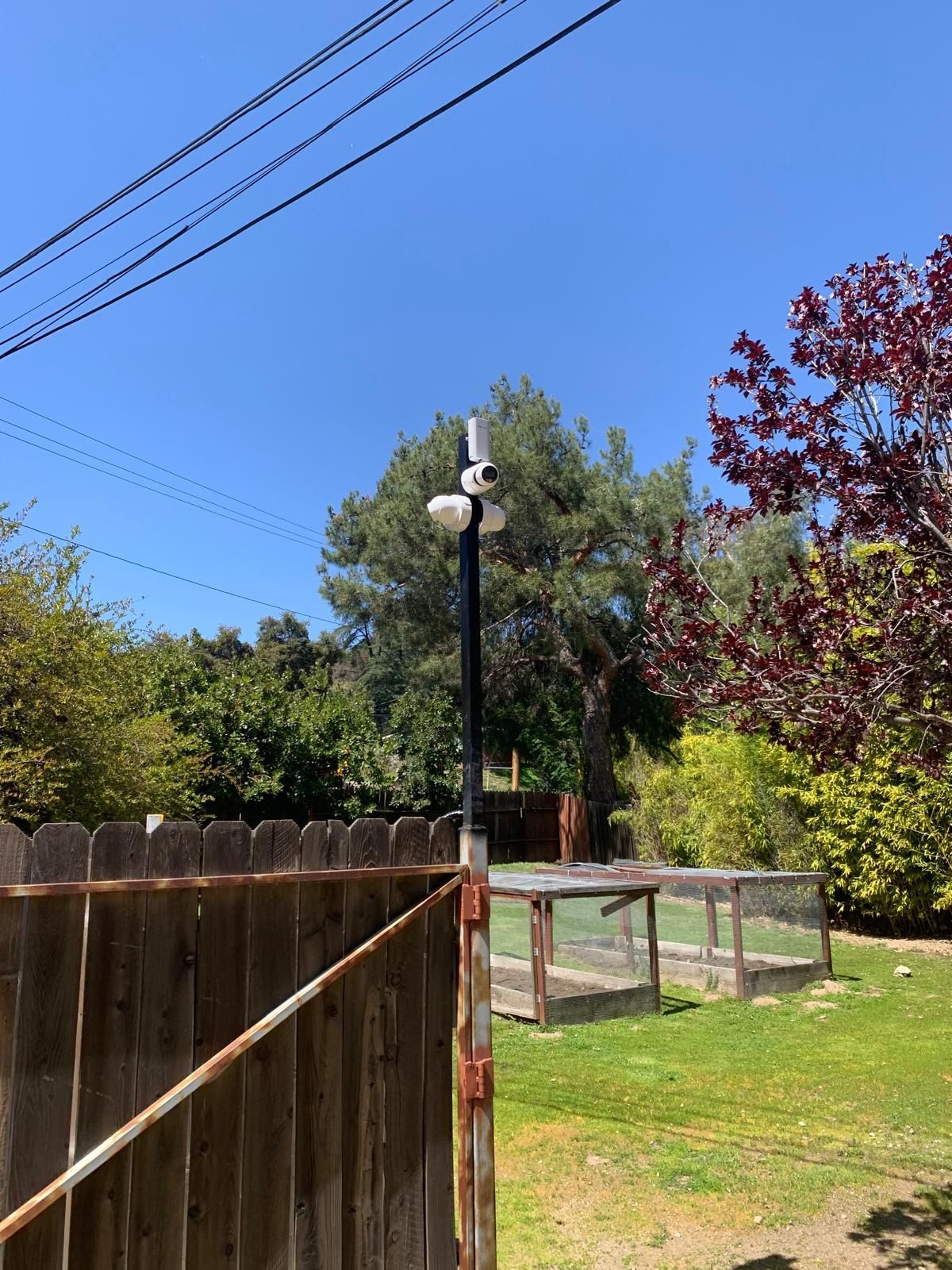 A tall, black pole with security cameras stands in a sunny backyard with a wooden fence and chicken coops.