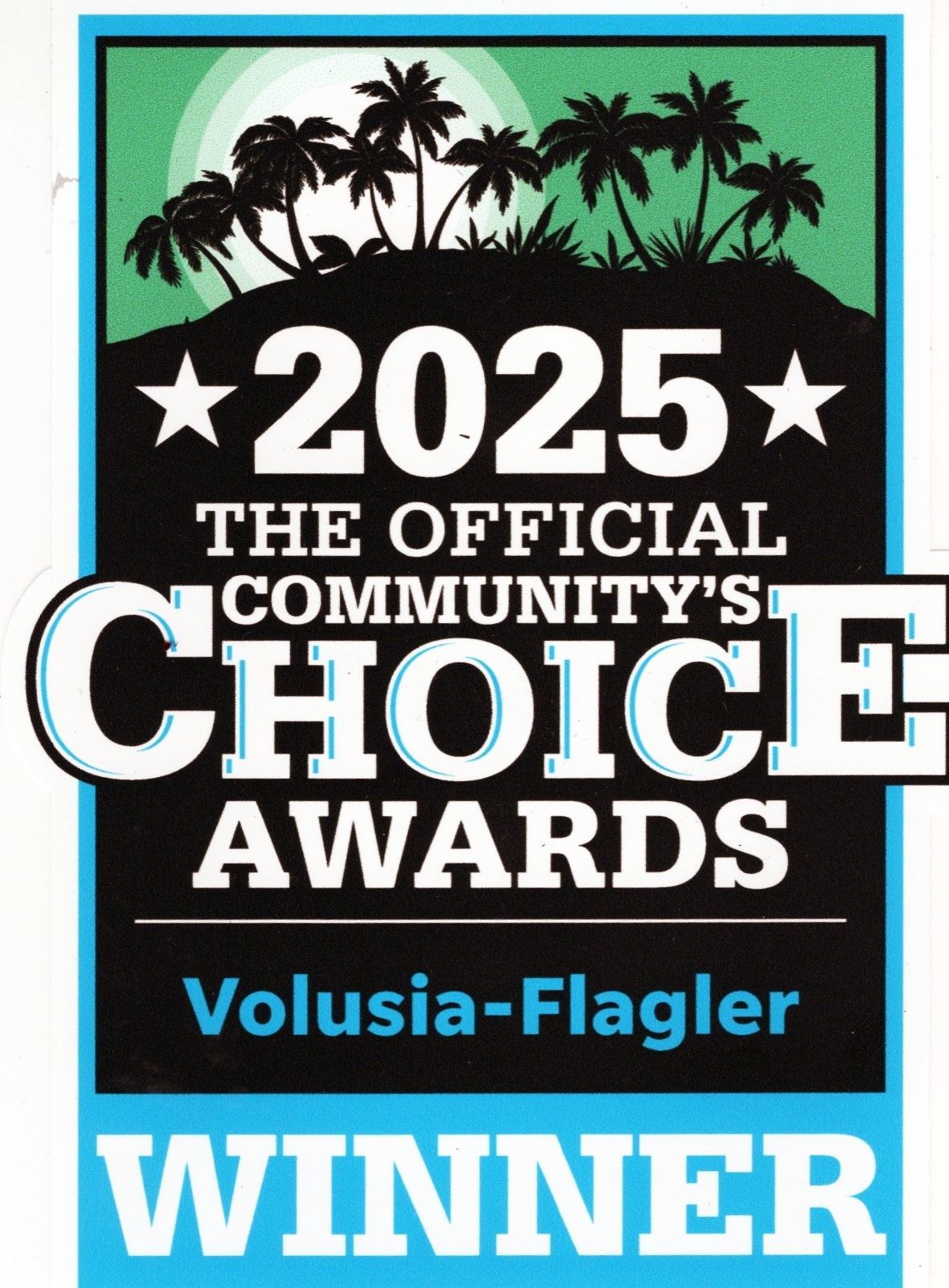 2025 Official Community's Choice Awards Volusia-Flagler winner badge with palm trees and stars