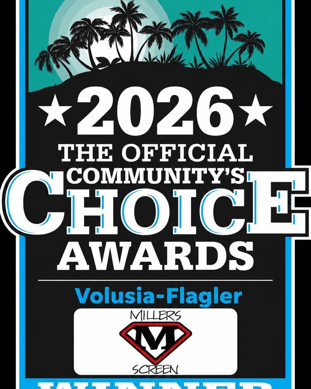 2026 Community’s Choice Awards poster with palm trees, stars, and Volusia-Flagler logo
