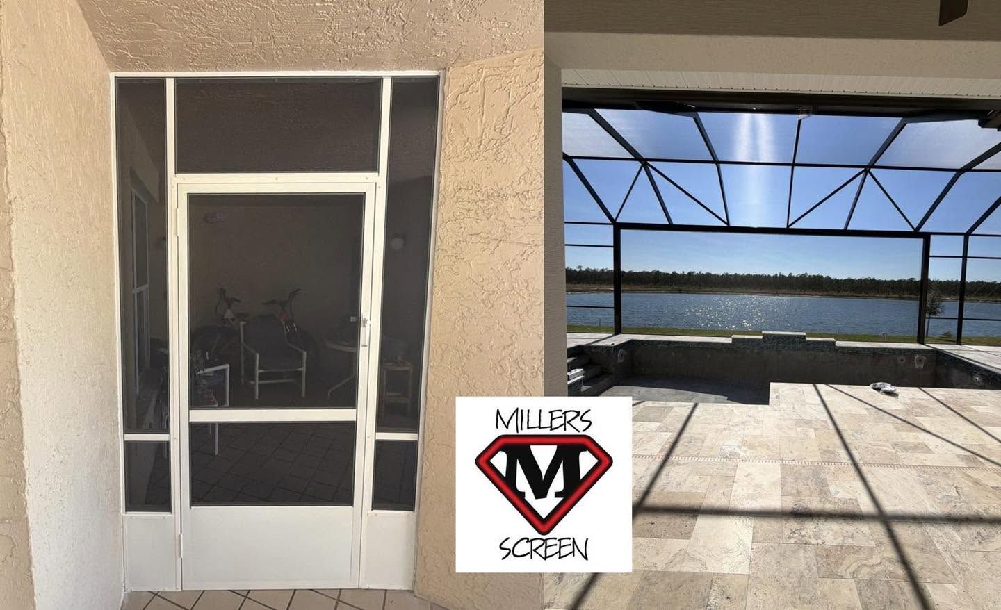 Screen door beside a covered patio with a lake view and a white-framed diamond logo sign.
