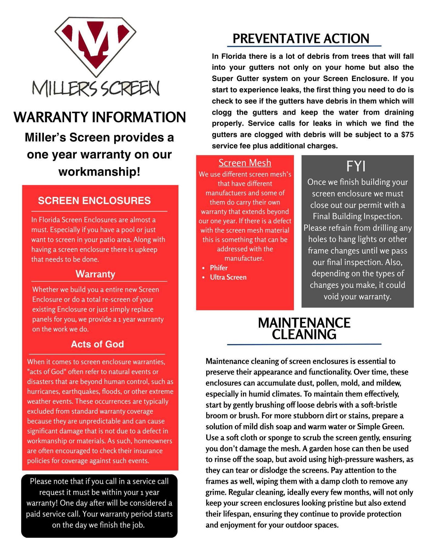Millerscreen warranty information sheet with red and black sections on screen disclosures, preventative action, and maintenance.