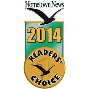 Hometown News 2014 Readers' Choice award logo with black bird silhouette on green and gold shield.
