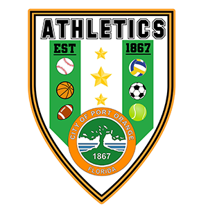 Athletics club crest with green and orange shield, sports balls, stars, and “Est 1867” text