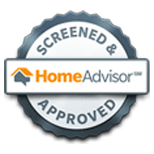 HomeAdvisor “Screened & Approved” badge with gray seal and orange-gray logo