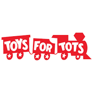 Red Toys for Tots logo with three toy train cars and stars