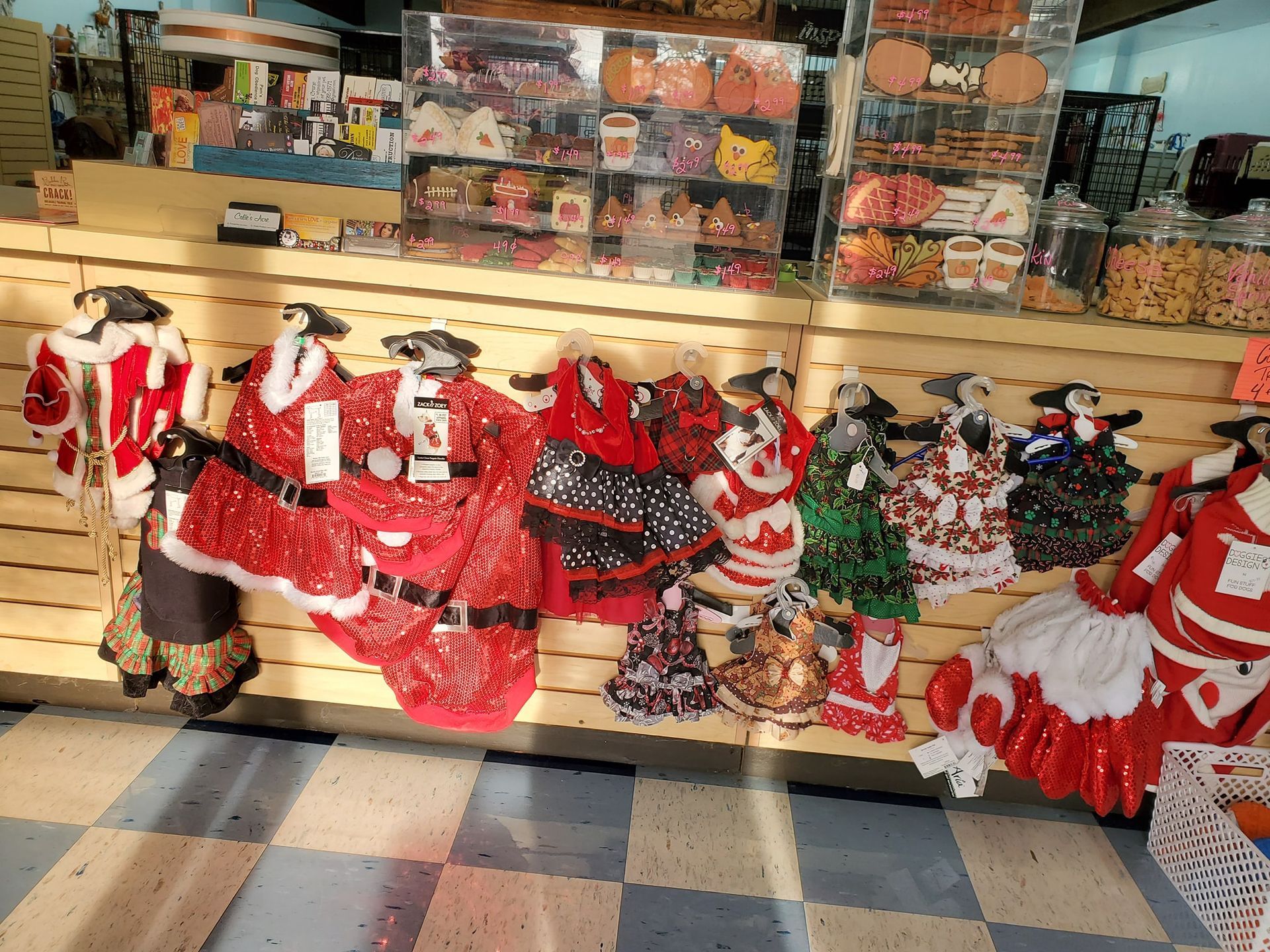 A display of christmas clothes and decorations in a store