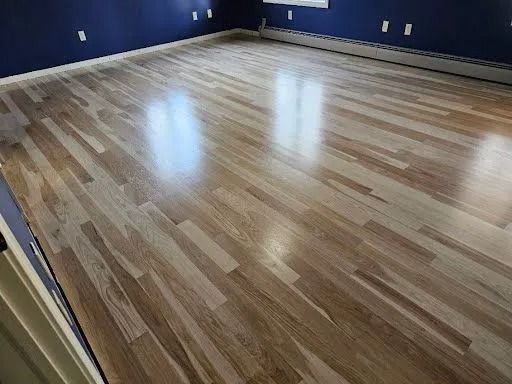 Shiny hardwood floor in a room with blue walls and natural light.