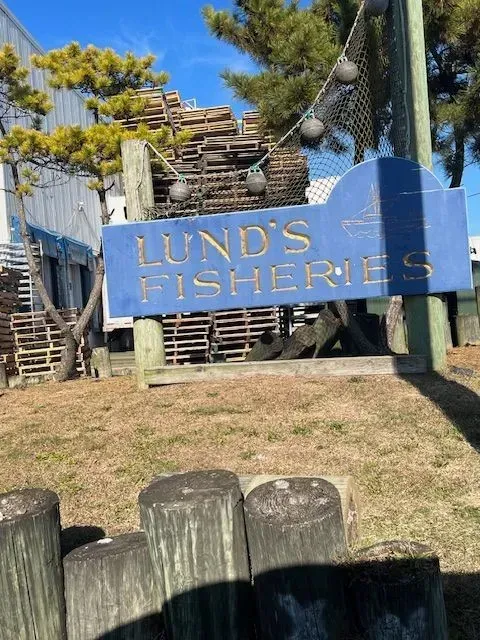 Blue sign for Lund's Fisheries; text in gold. Wooden posts frame sign; background includes building and lumber.