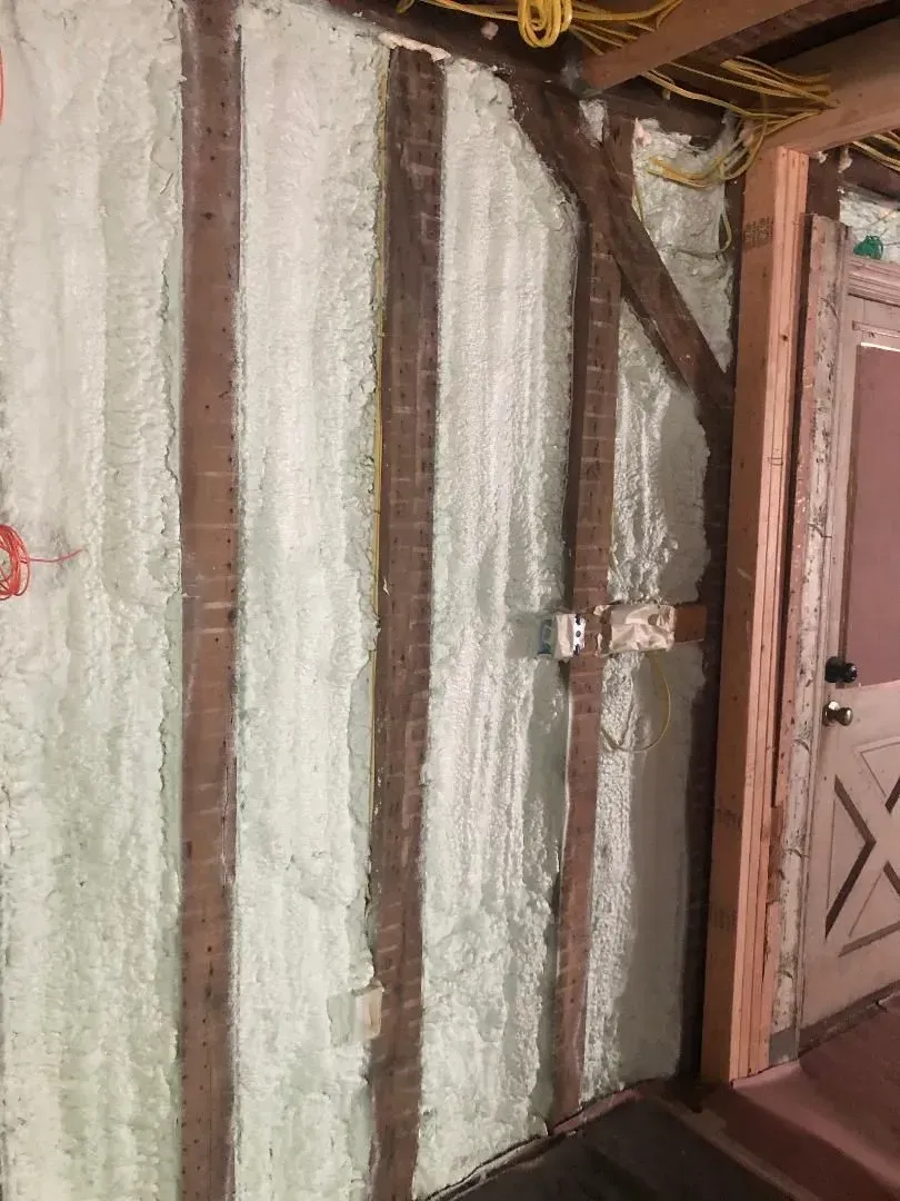 Wall with exposed wooden beams, filled with green spray foam insulation, near a doorway.