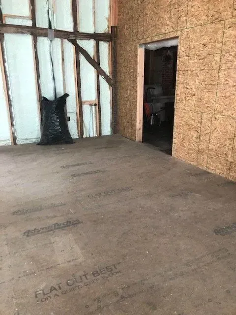 Interior construction: bare room with OSB walls, wood framing, foam insulation, and a plywood floor.