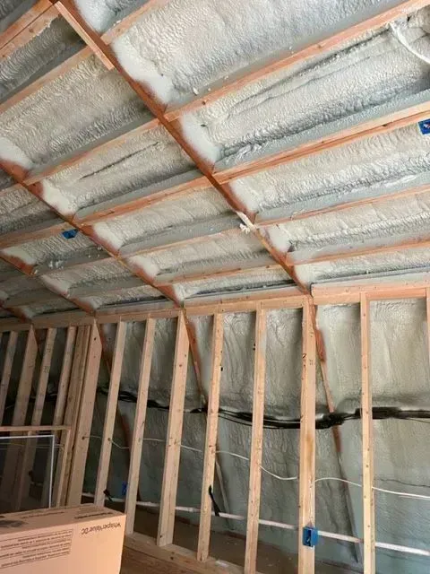 Interior view of a wooden framed ceiling and wall with spray foam insulation.