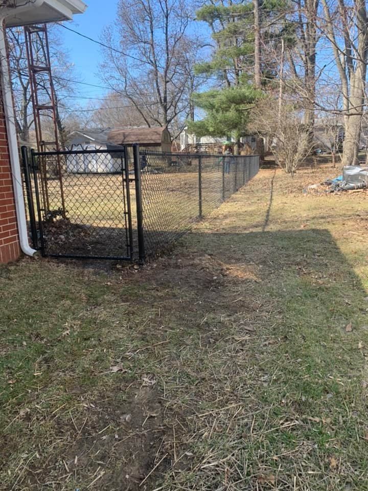 A black chain-link fence encloses a backyard on a sunny day with bare trees in the background.