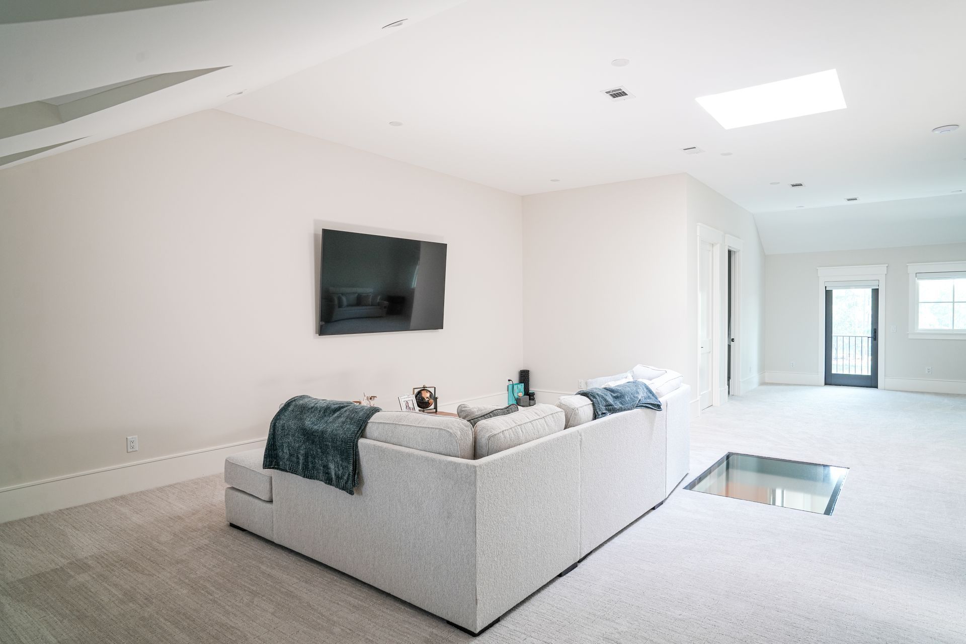 Spacious living room with white walls, gray carpet, large couch, and TV. Skylight and door visible.