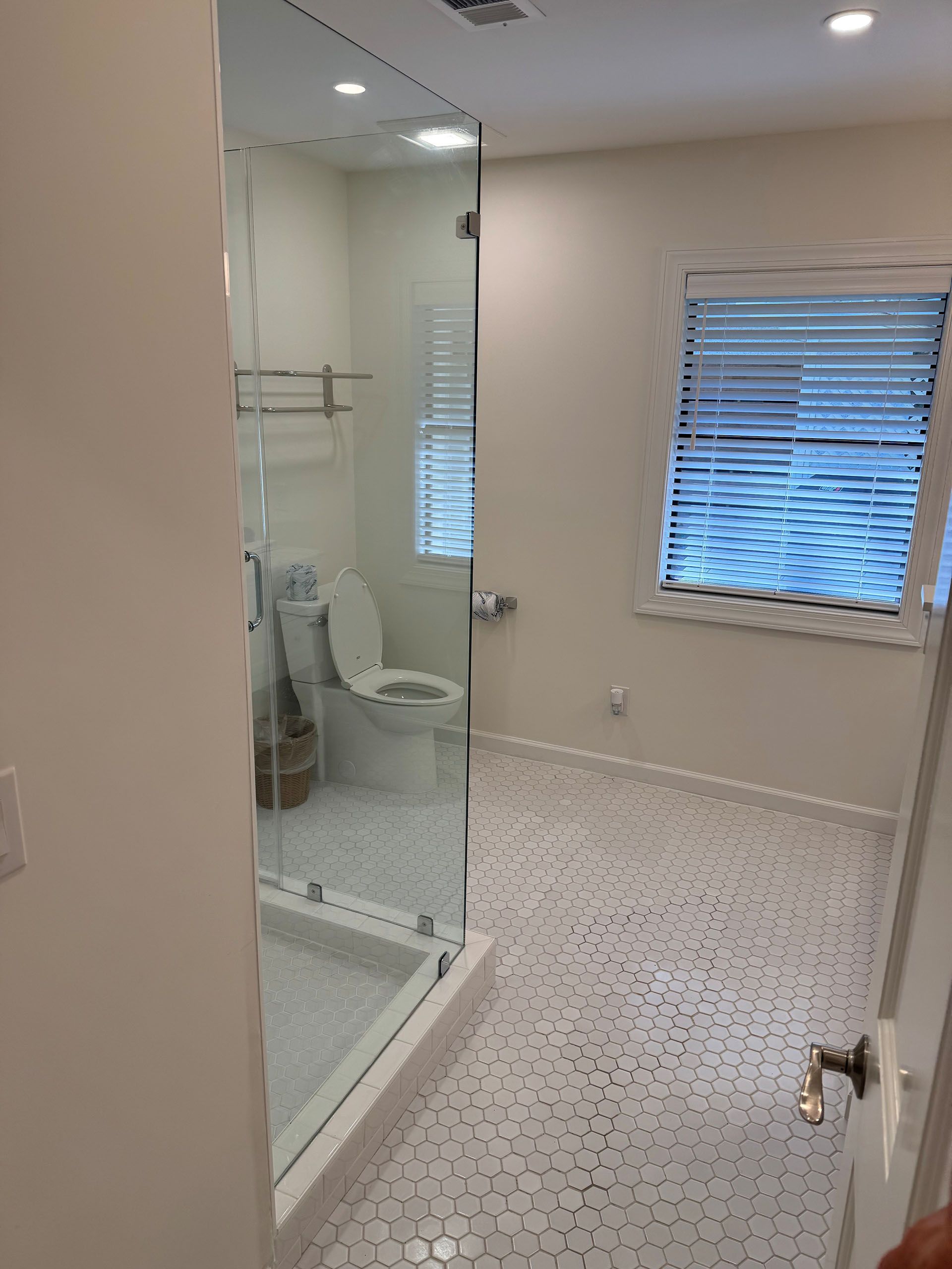Miscellaneous Bathroom Projects - Bathroom with white walls, penny tile floor, glass shower, and toilet visible.