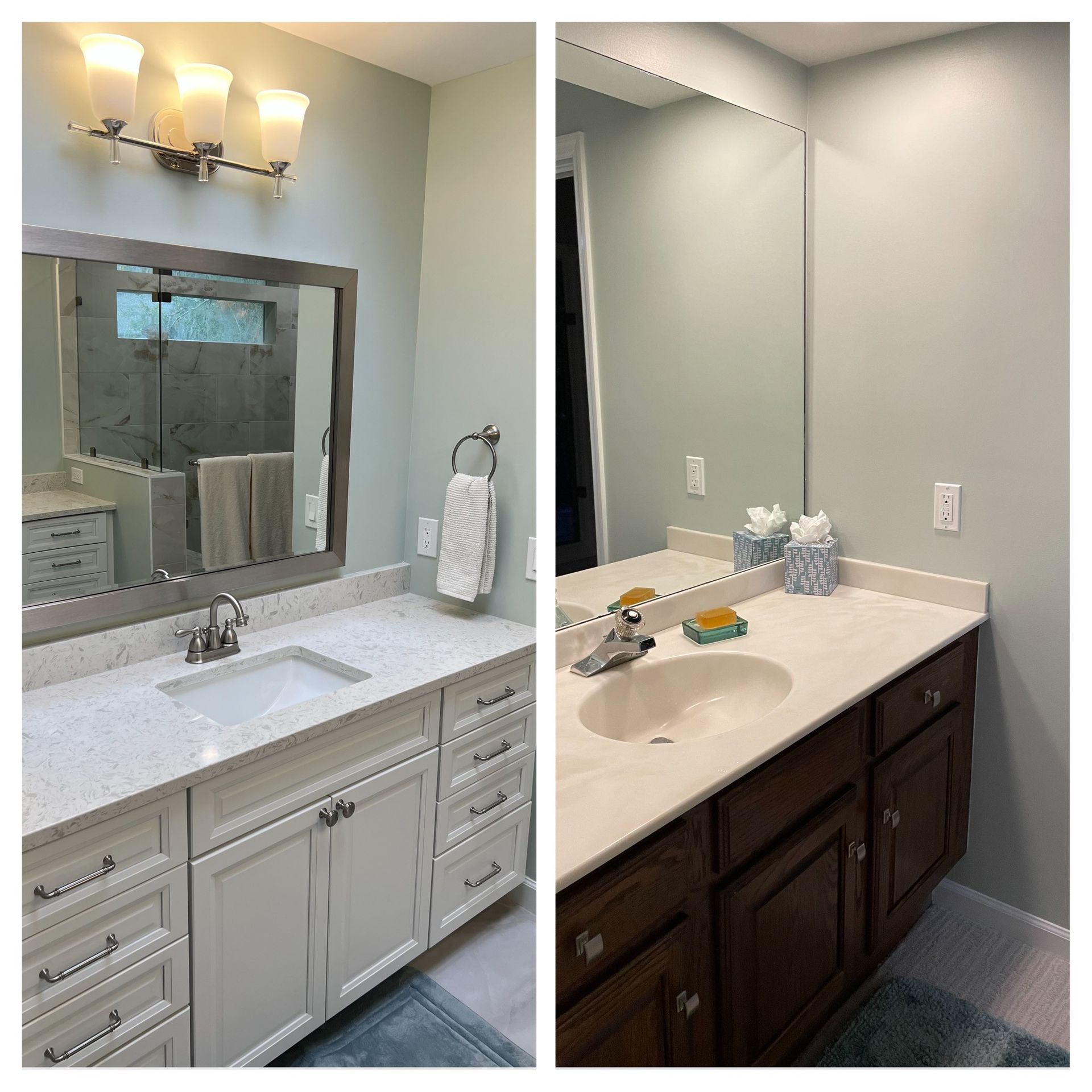Two bathroom sink vanities. Left side is white cabinets, right is brown cabinets; both have light blue walls and a white countertop.