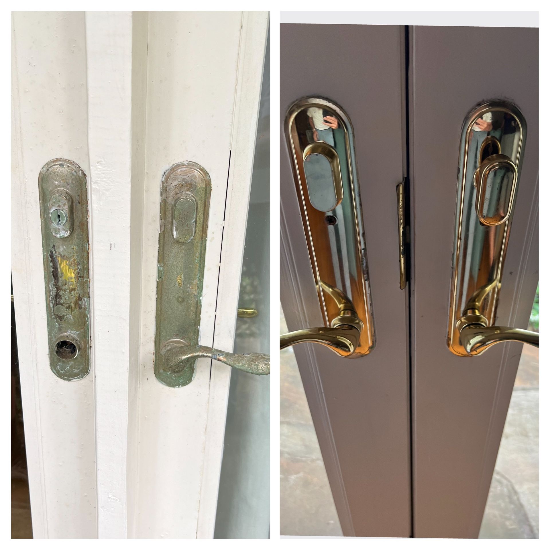 Before and after comparison of door handles: old, tarnished brass versus new, shiny brass on painted doors.