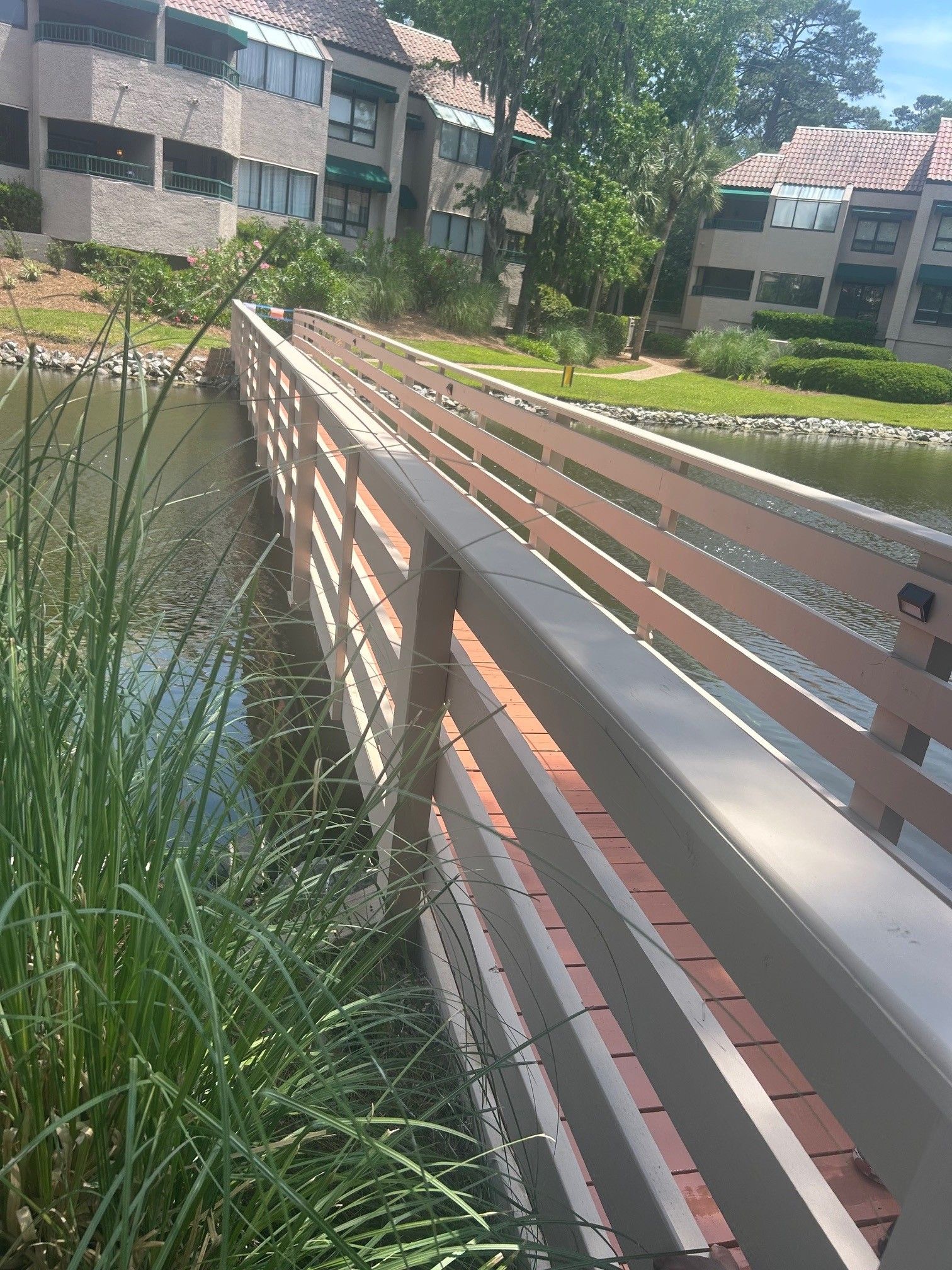 Wooden bridge over water, with apartment buildings in the background and tall grass in the foreground.