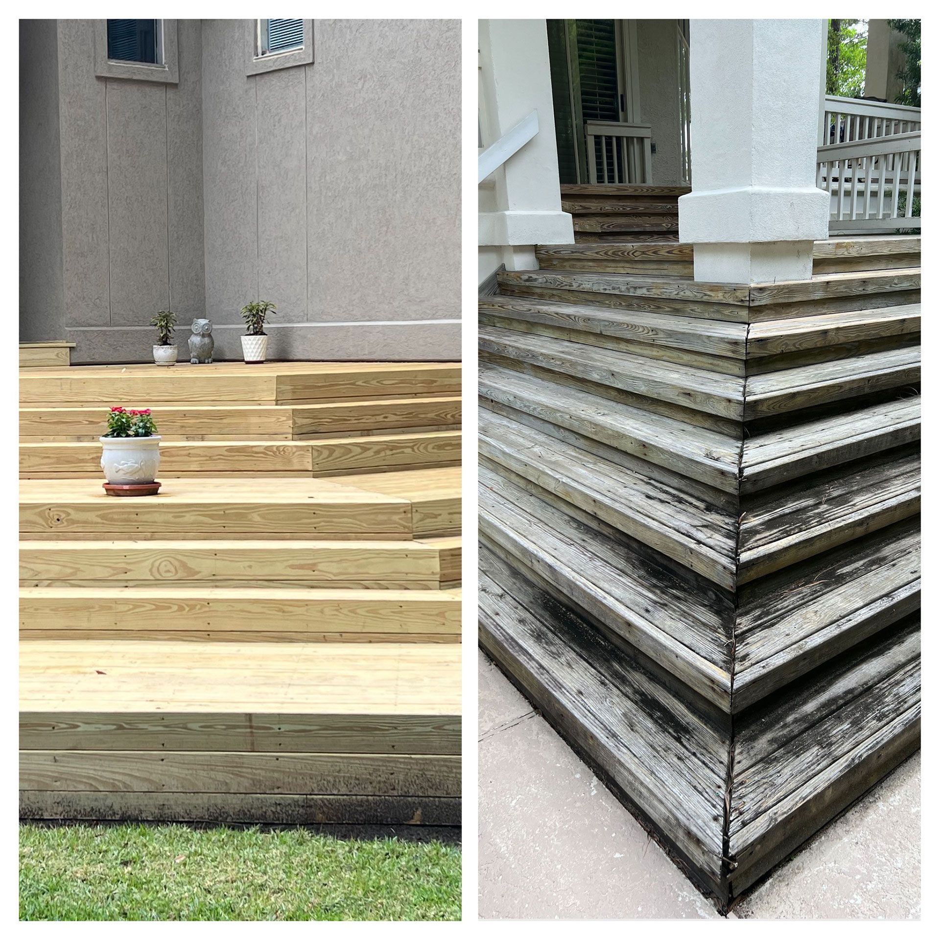 Two wooden staircases; one cleaned and bright, the other appears dirty and weathered.