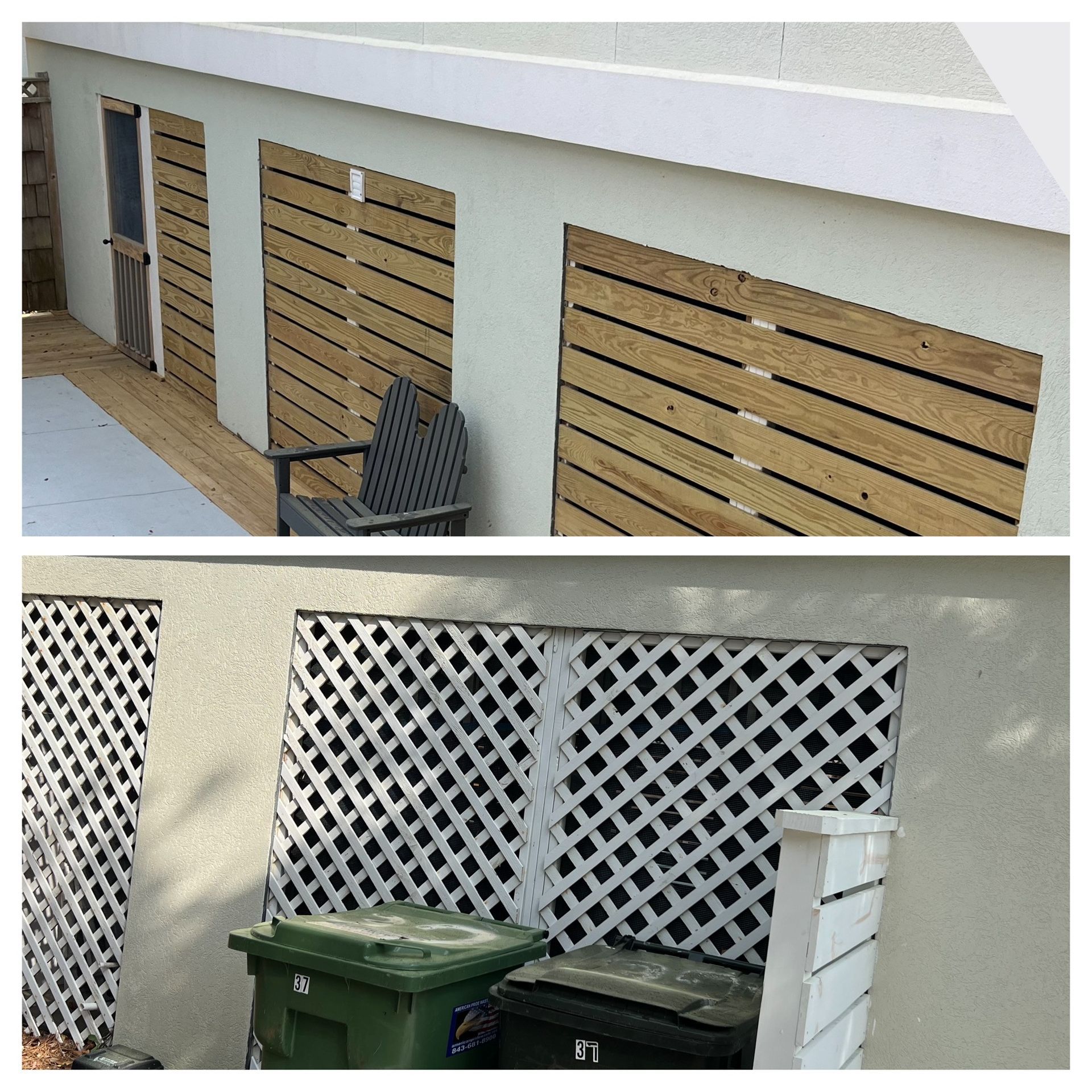 Two sections of a building exterior: one with wood slat covers, one with white lattice.