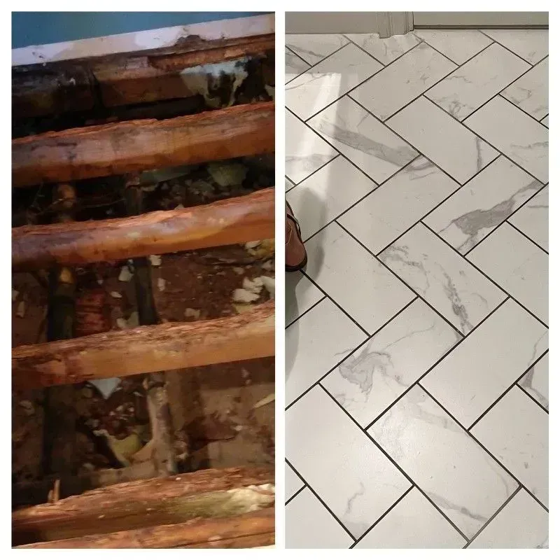 Left shows damaged floor joists. Right shows new white tile floor with gray veining.
