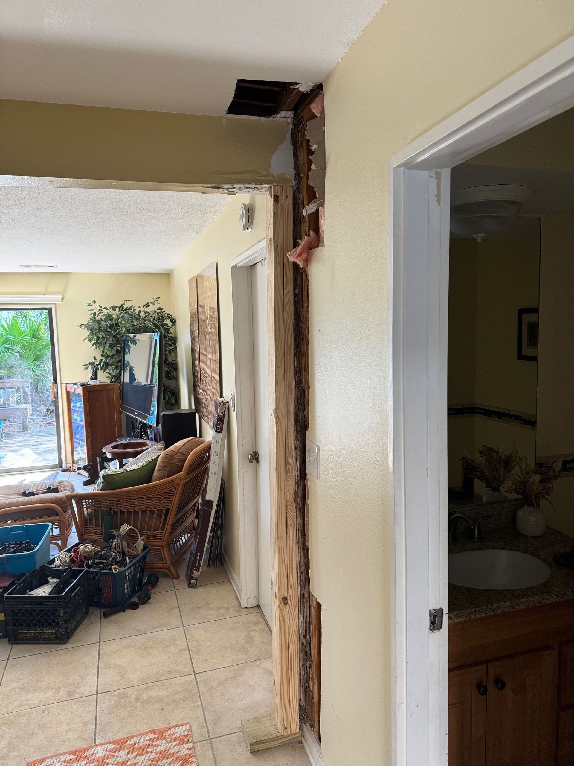 Termite Damage - Interior view of damaged walls with a hole in the ceiling and open doorway leading to other rooms.