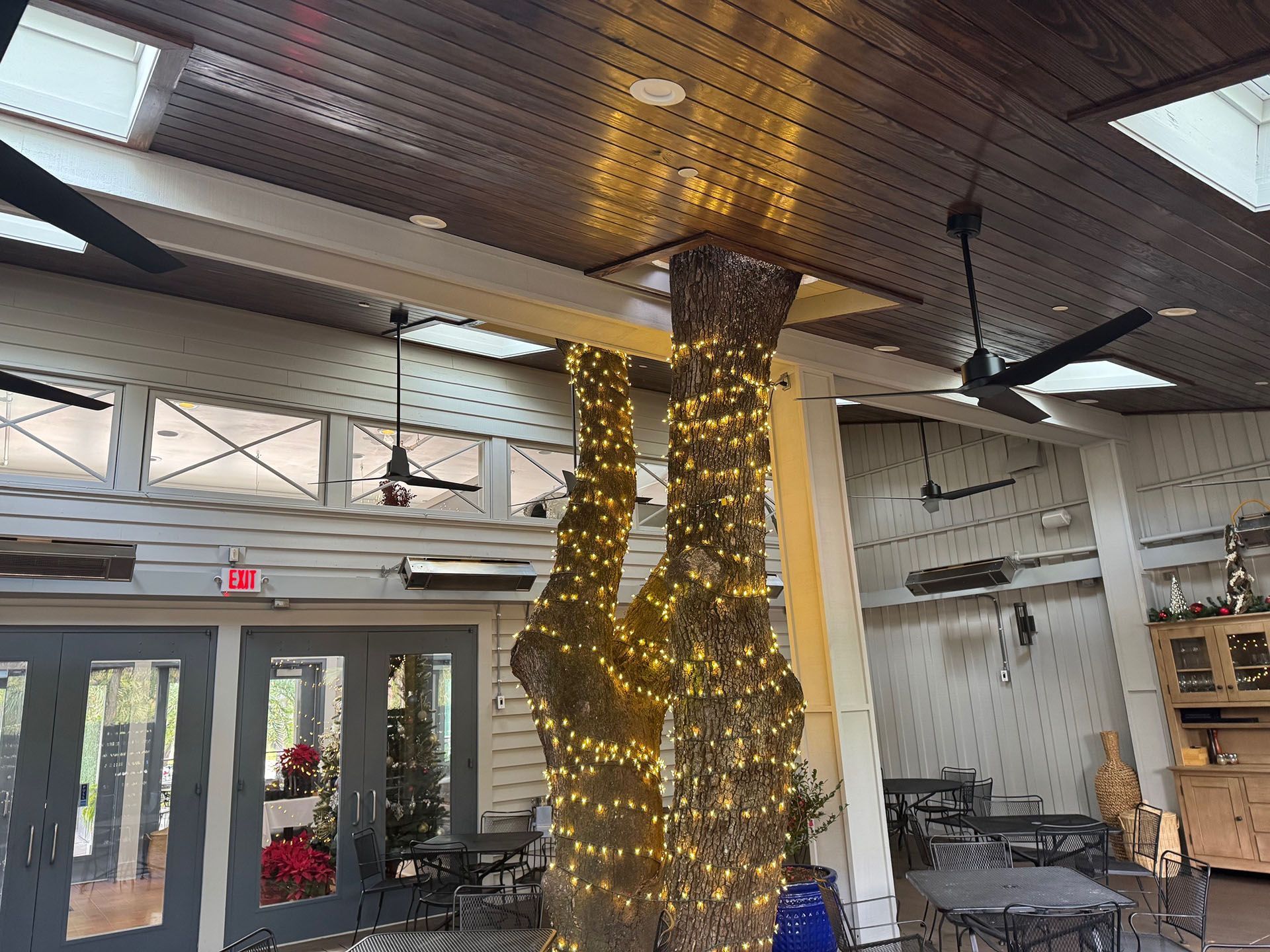 Commercial restaurant remodel and expansion  - Nunzios/After: Restaurant patio with a tree wrapped in lights, ceiling fans, and tables.