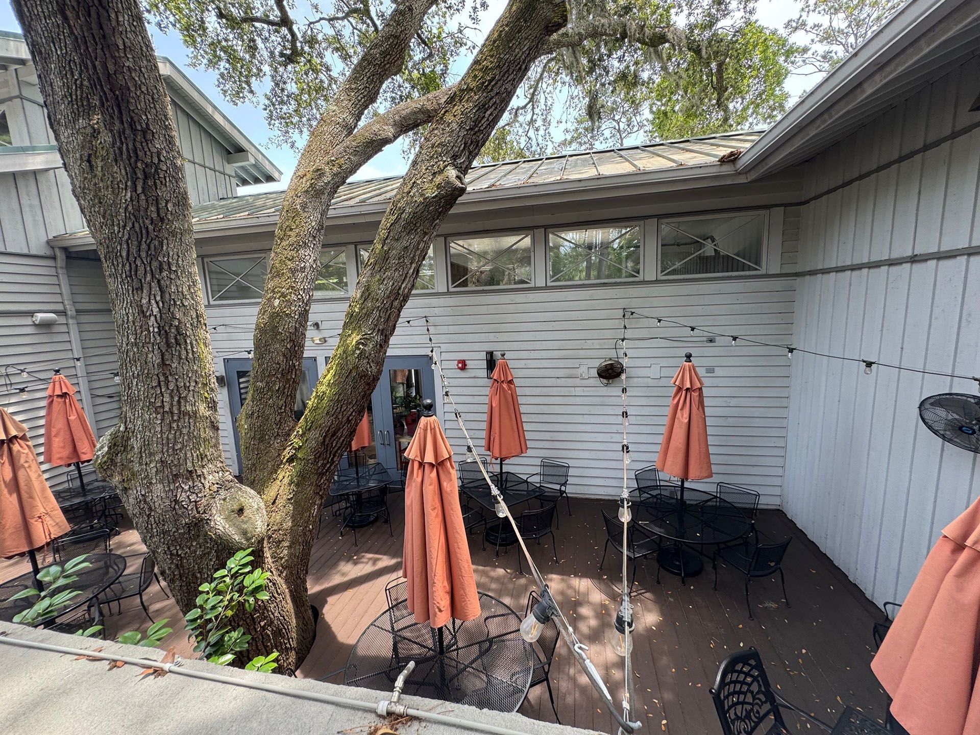 Commercial restaurant remodel and expansion  - Nunzios/Before: Outdoor restaurant patio with brown umbrellas, black tables/chairs, tree, and light strands.