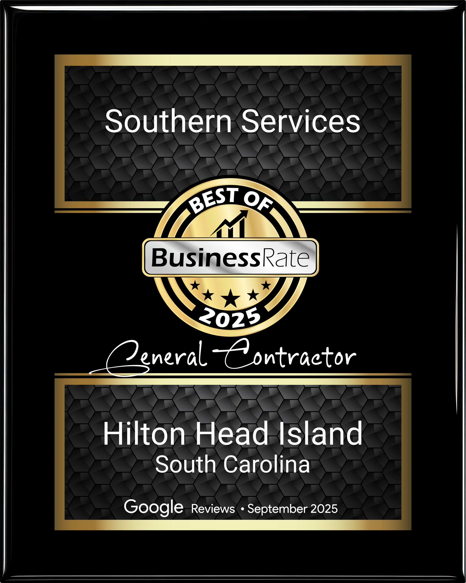 Framed award plaque for Southern Services, Best of Business 2025, General Contractor, Hilton Head Island, South Carolina