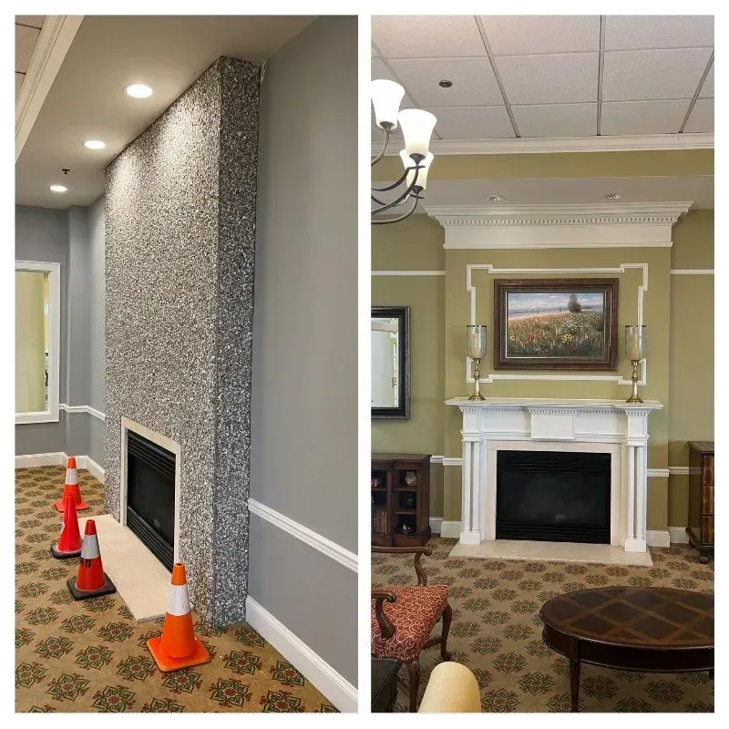 Two images of fireplaces: one with a textured finish and orange cones, the other a traditional white mantel with decor.