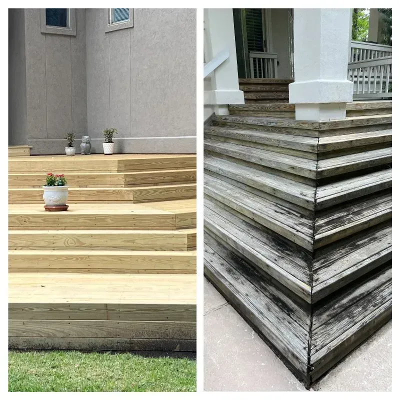 Two images comparing the before and after of wooden stairs. One is weathered, the other clean.