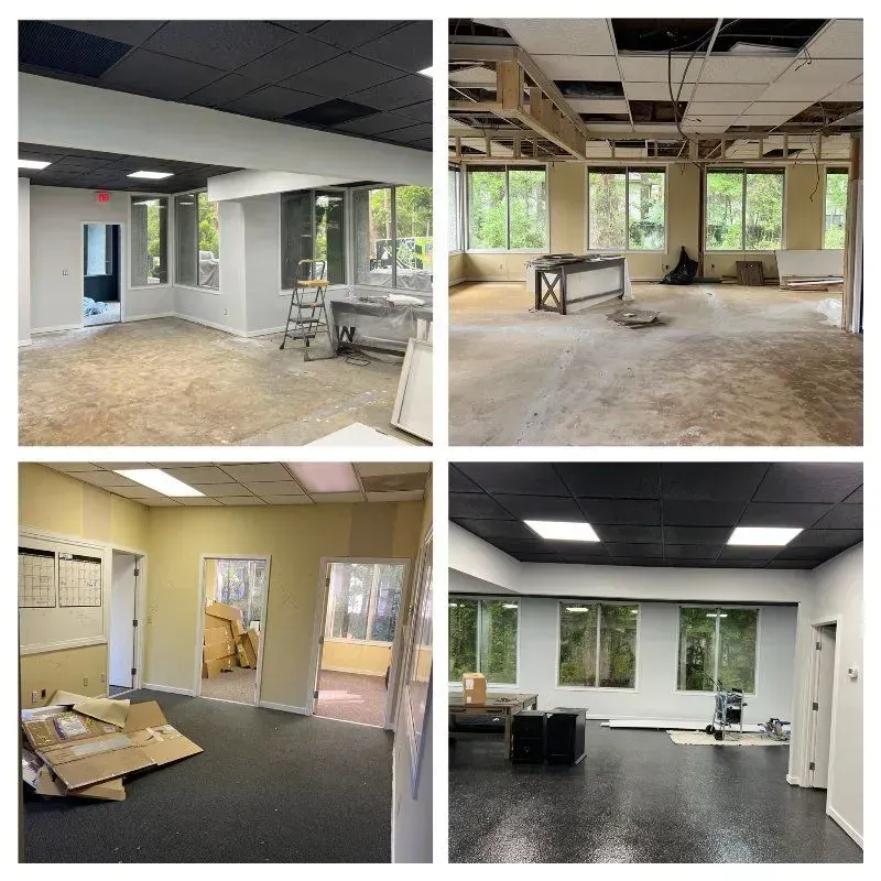 Four-panel collage: interior office renovation, stages from demo to finished, with new black ceiling, windows, and floors.