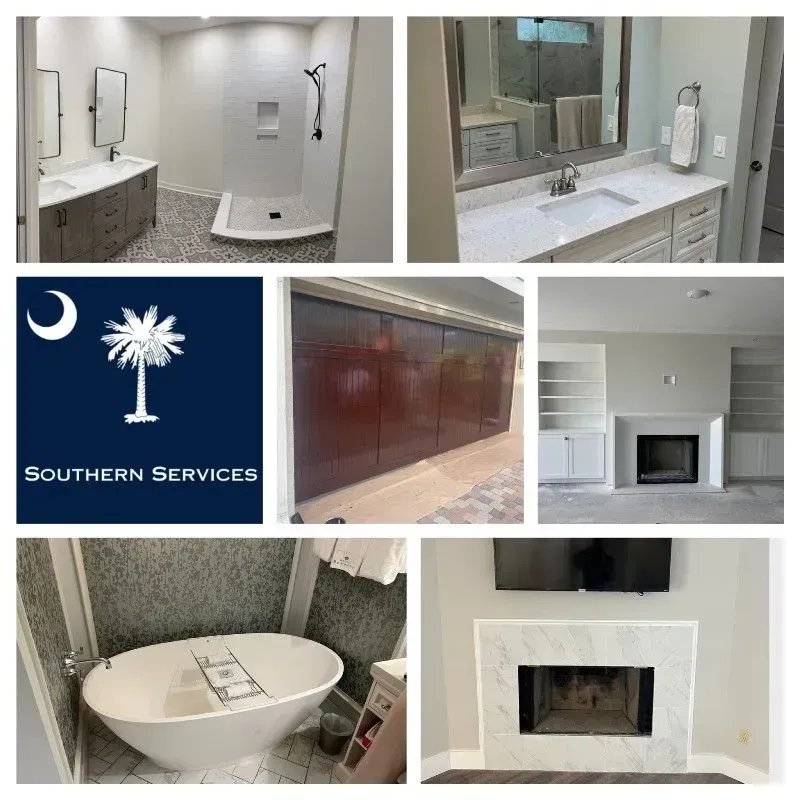 Collage of home renovation projects: bathrooms, fireplace, South Carolina logo.