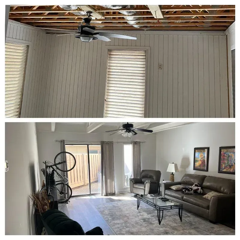 Before and after of a room renovation, from exposed ceiling and wood-paneled walls to a furnished living room with patio access.