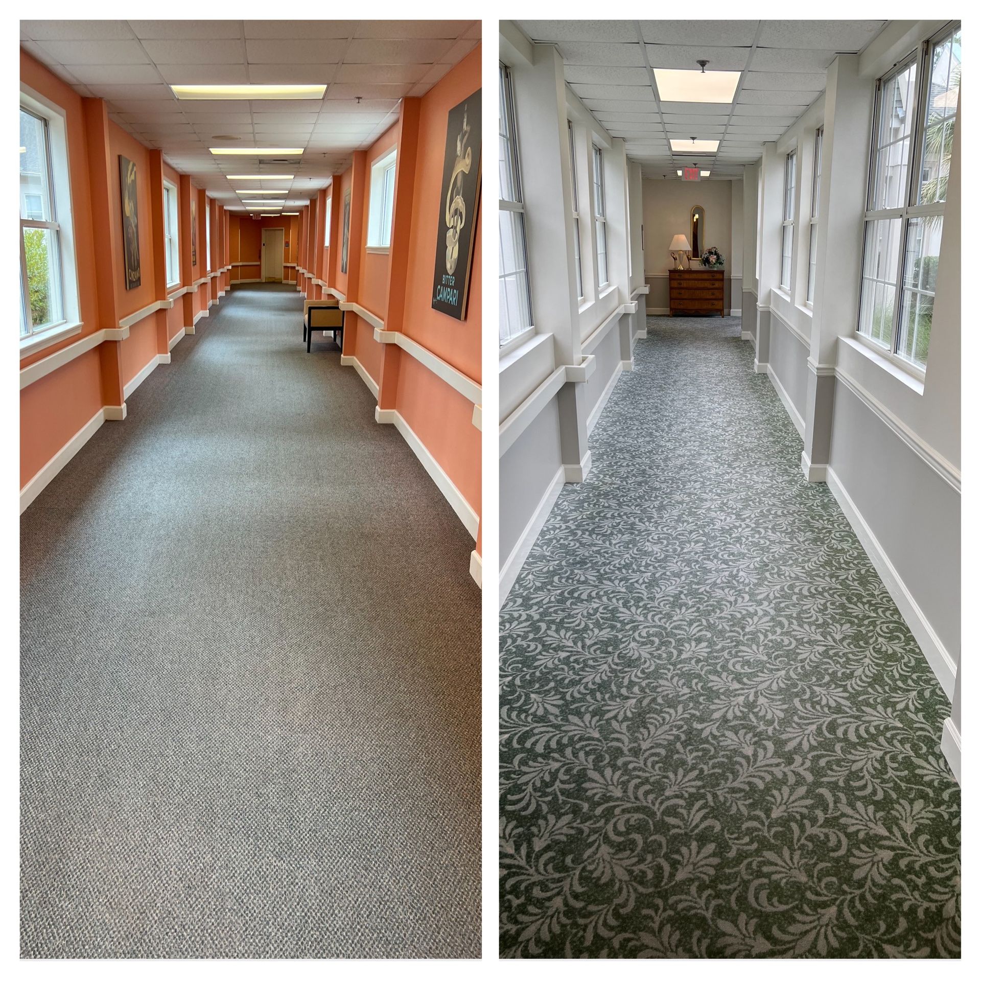 Two hallways, before and after carpet replacement. One with peach walls, the other gray.