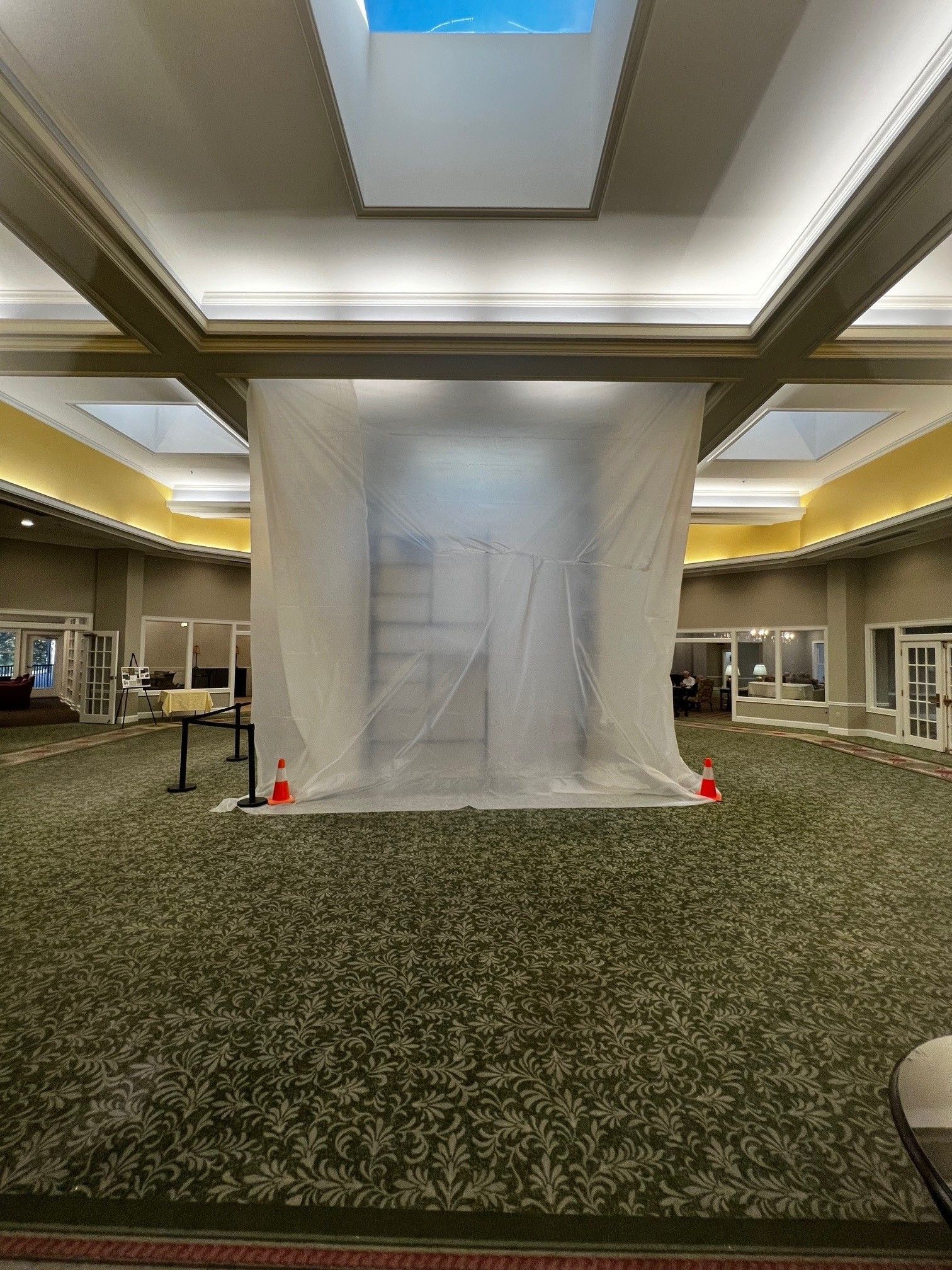 Large room with plastic sheeting enclosure and caution cones on green carpet.