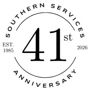 Logo for Southern Services: 41st anniversary. Black text on white. Est. 1985, and 2026.