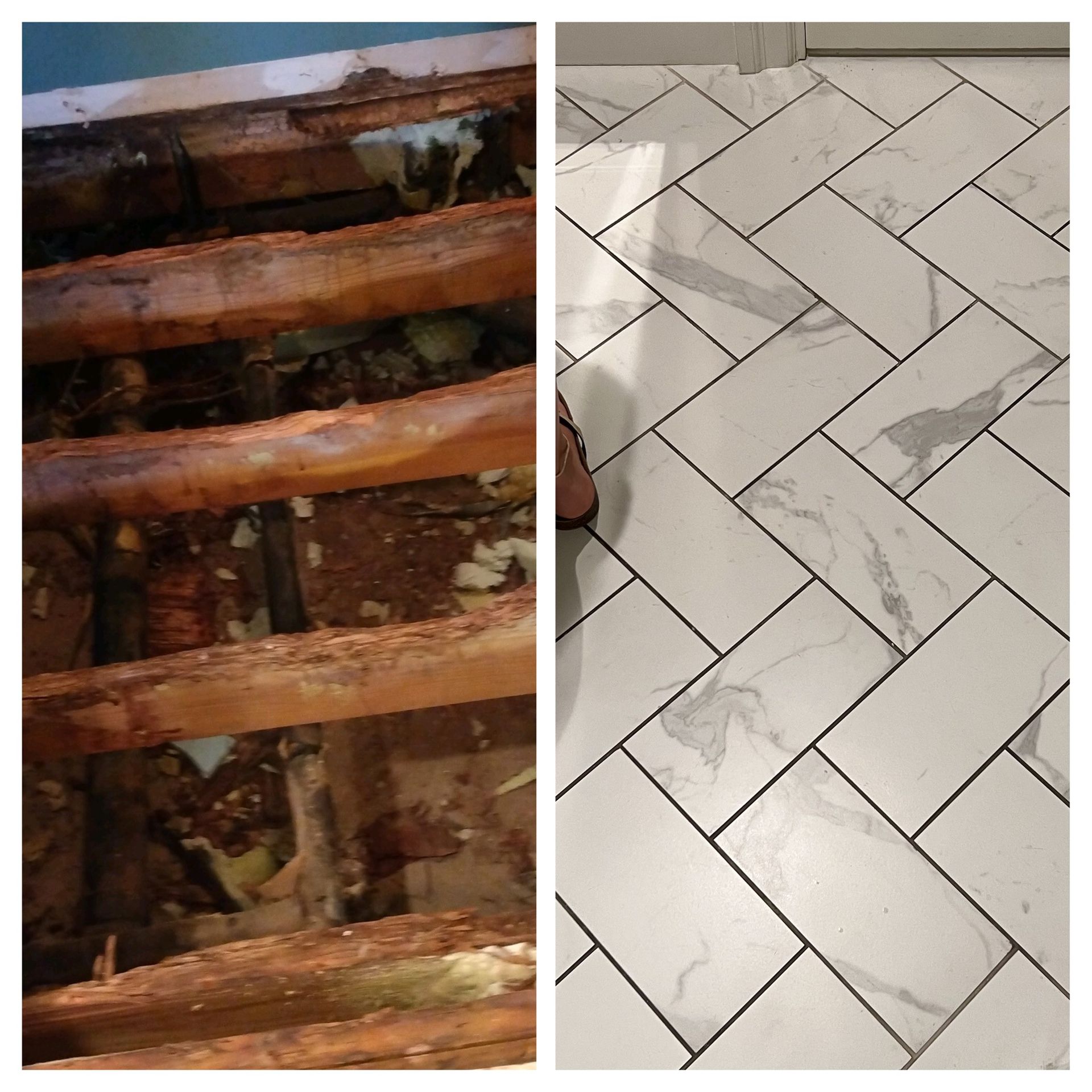 Before and after of a bathroom floor renovation. Rotting wood floor on the left, new white tile with dark grout on the right.