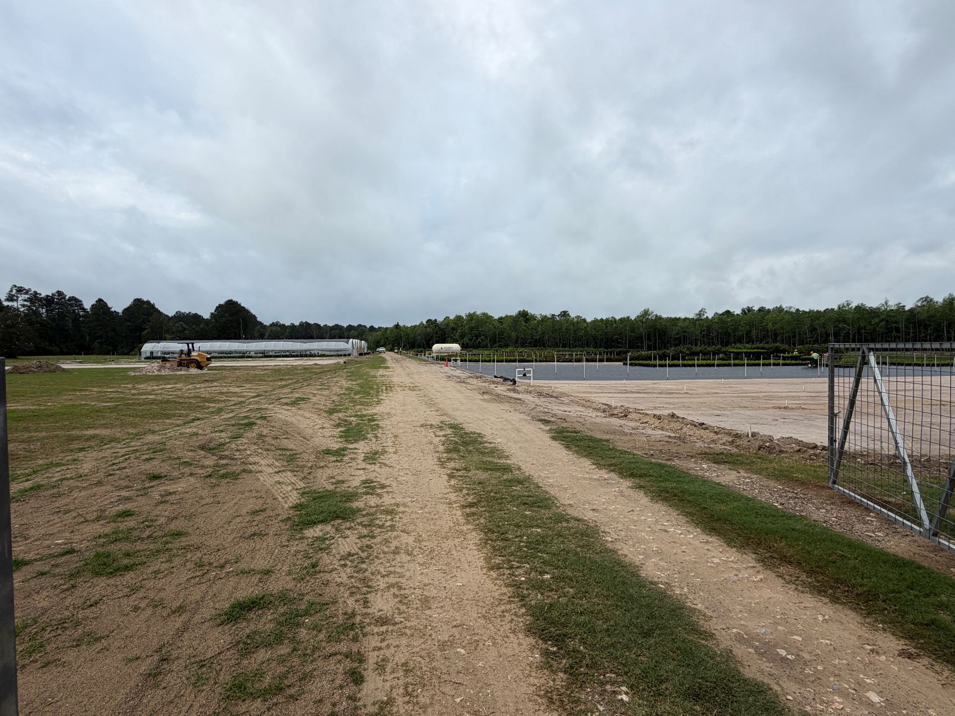 Dirt road through a rural field under cloudy sky, with a fence and gate on the right.