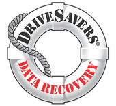 DriveSavers Data Recovery logo with a silver lifebuoy and red text, wrapped in a gray rope