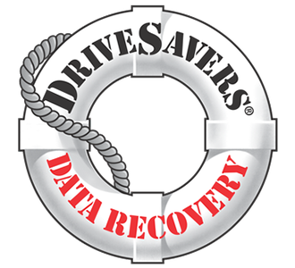DriveSavers Data Recovery logo with a silver lifebuoy and red text, wrapped in a gray rope
