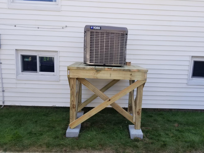 Air conditioner on a wooden stand. Stand is supported by gray concrete blocks, and placed in front of a white house.