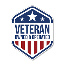 Veteran Owned & Operated badge in blue, white, and red with stars and shield