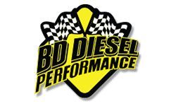 The logo for bd diesel performance is yellow and black with checkered flags.