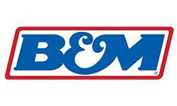 The b & m logo is blue and red on a white background.