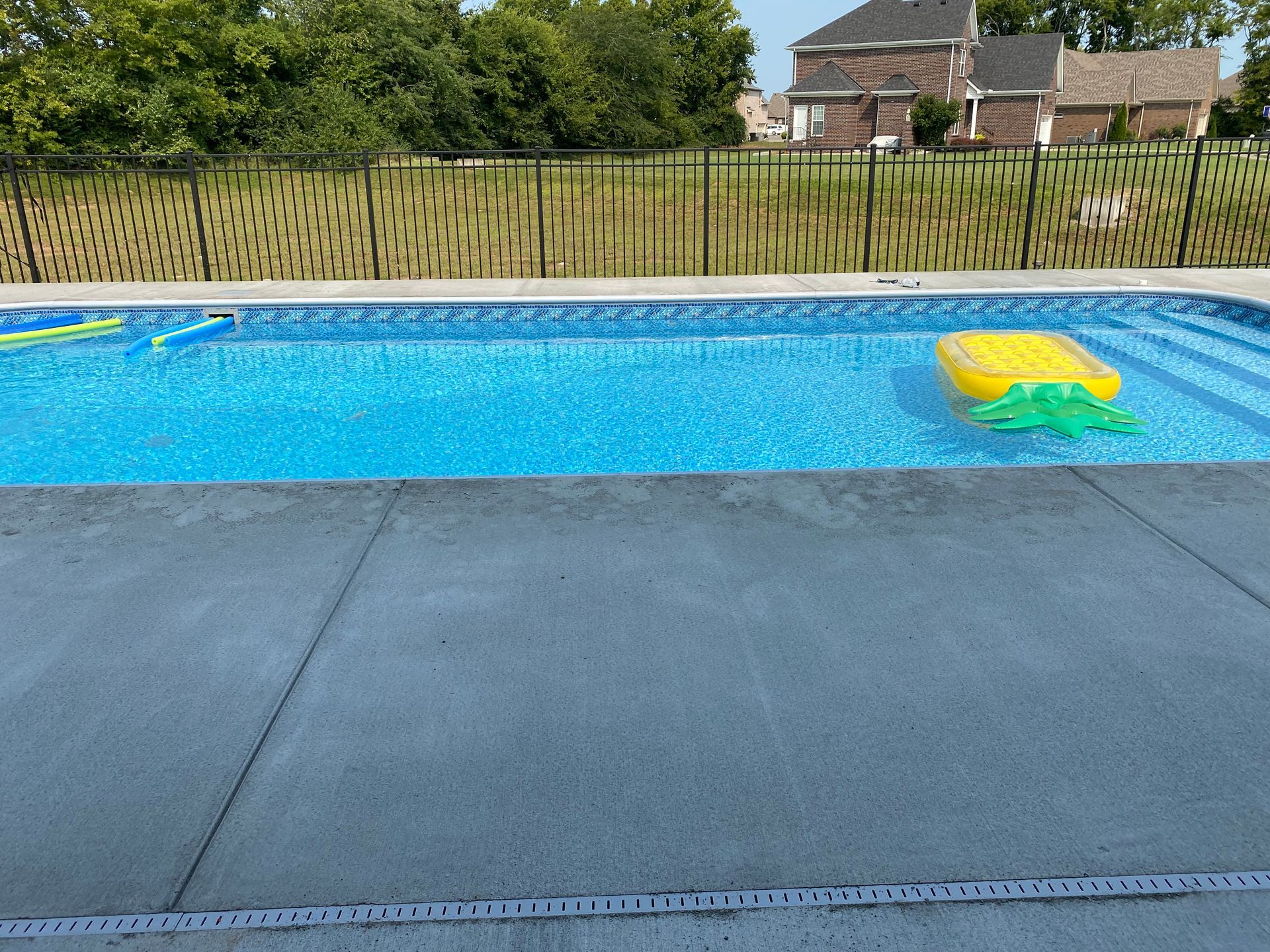A swimming pool with a pineapple float in it