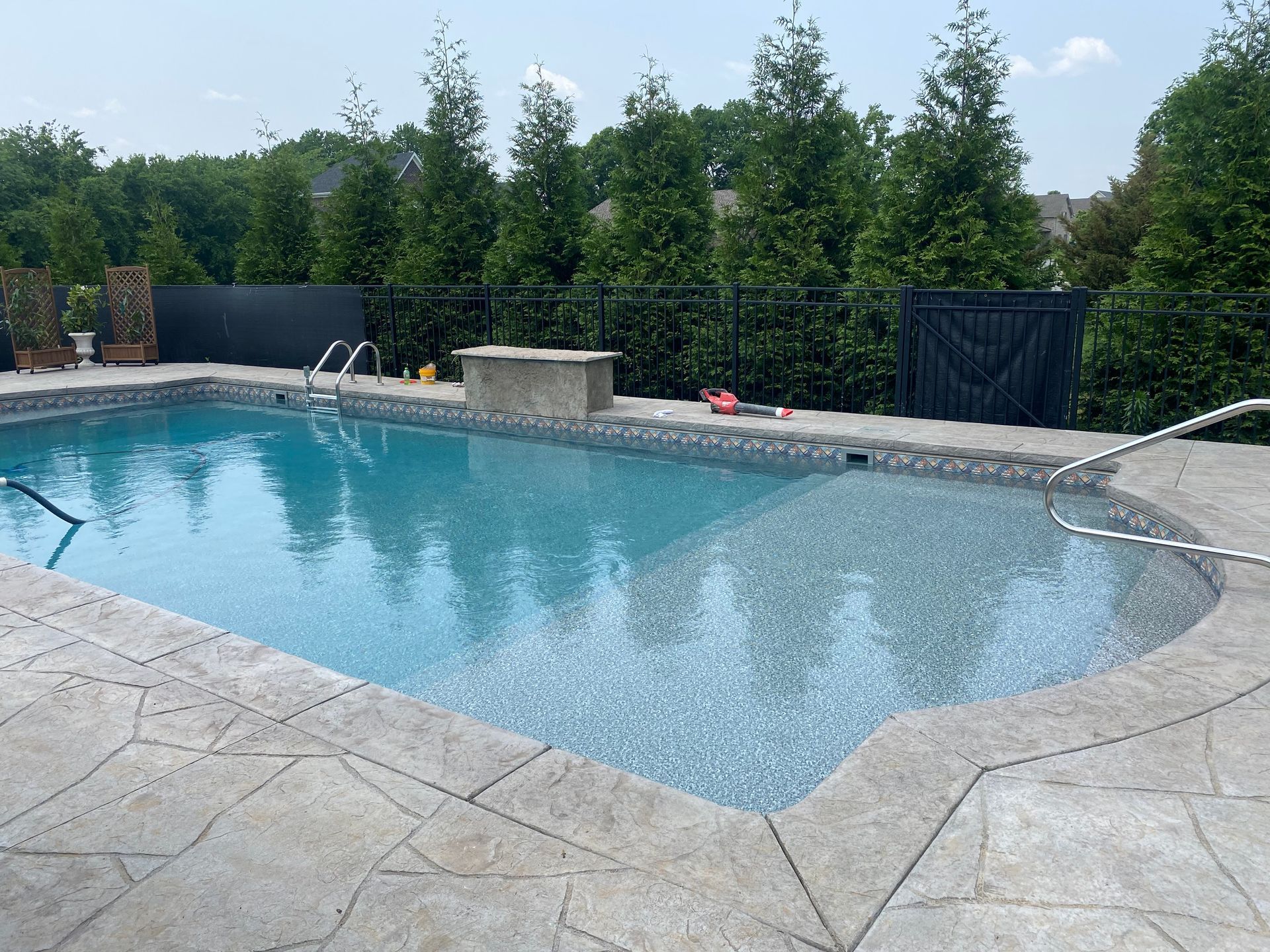 A large swimming pool is surrounded by trees on a sunny day.