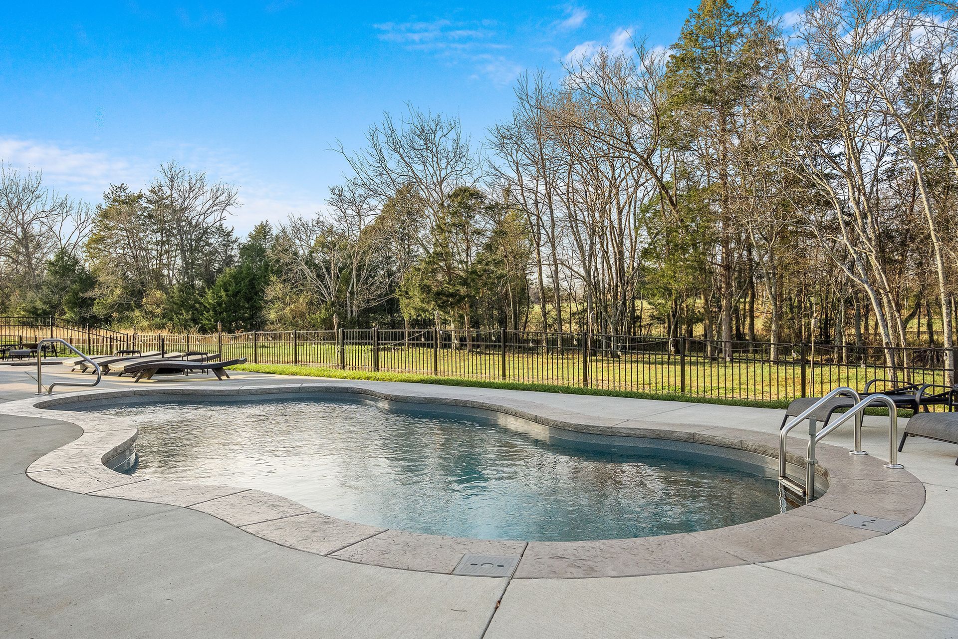 A large swimming pool surrounded by trees in a park.