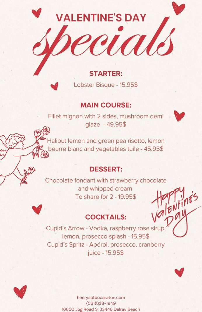 A menu for valentine's day specials at a restaurant.