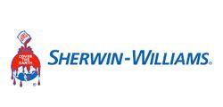 Sherwin-Williams logo: paint can spilling red paint over the globe, with blue text: Sherwin-Williams.