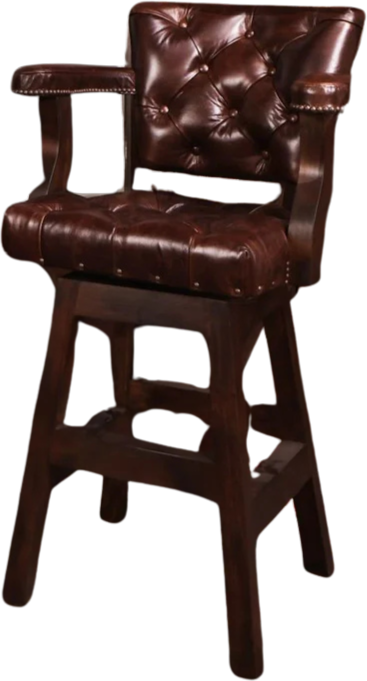 A dark brown, tufted leather swivel bar stool with wooden arms, a high back, and a sturdy four-legged wooden base.